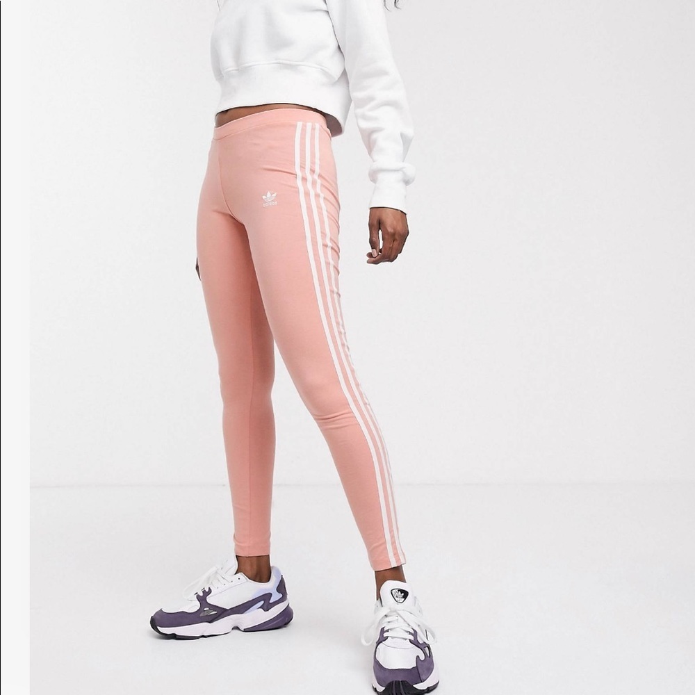 New Womens Dusty Pink 3 Stripe Adidas Leggings Size XS